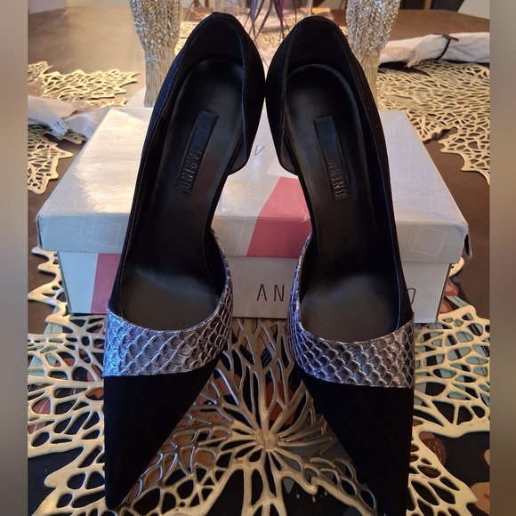 Ann Marino Fine Leather Suede Black And Grey Cobra Cutout Stilettos Size 7.5 - Picture 3 of 8